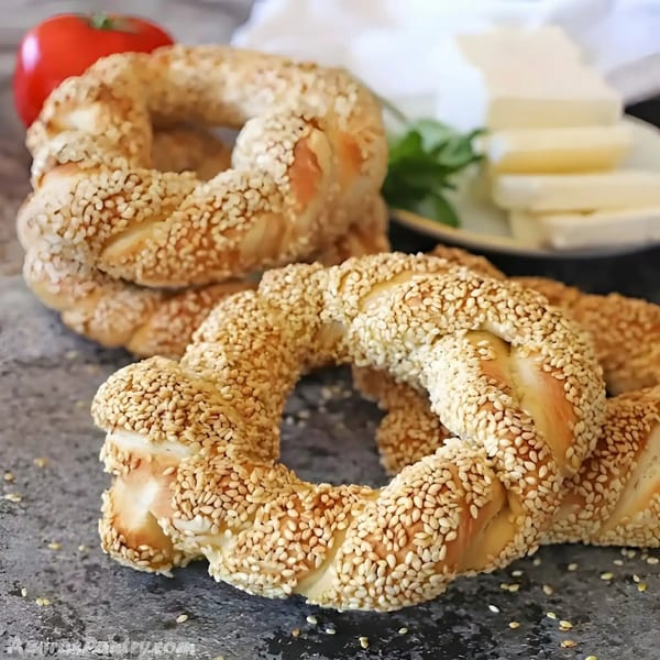 Three sesame seed bagels on a dark surface with a tomato and cheese in the background.